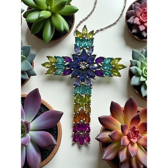 D'Joy Sterling Silver Multi Gemstone Cross Pendant-20'' Italy Chain-Rainbow-Bold - Picture 1 of 10
